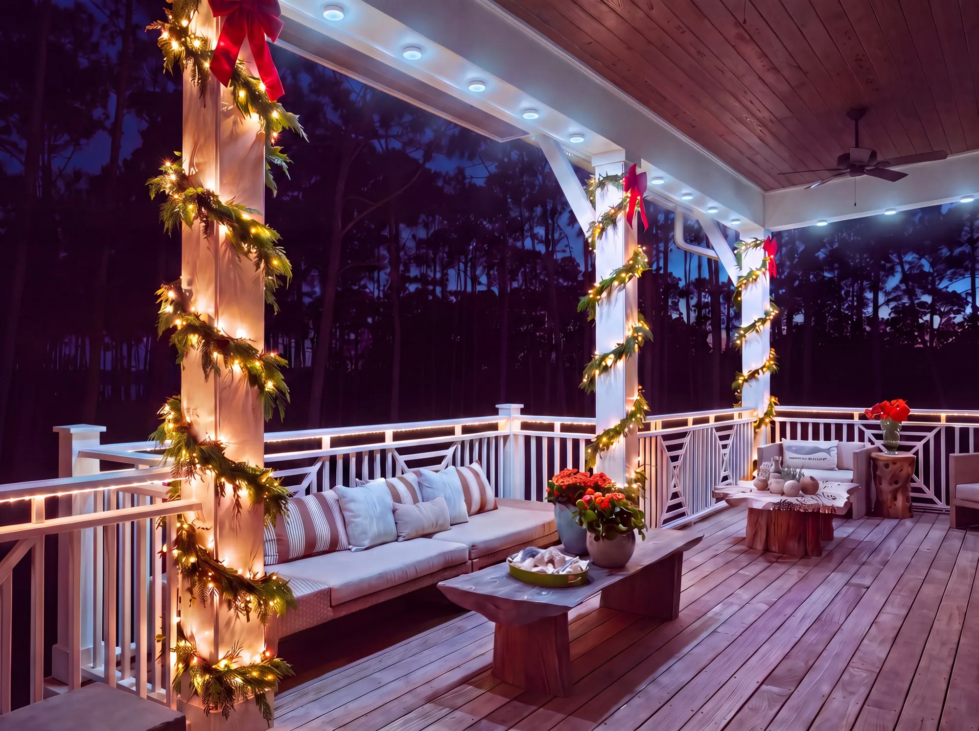 Covered deck at night with warm white strip lighting under the railings, cedar garland and lights wrapped around the columns, and ice blue Govee pucks under the roof edge