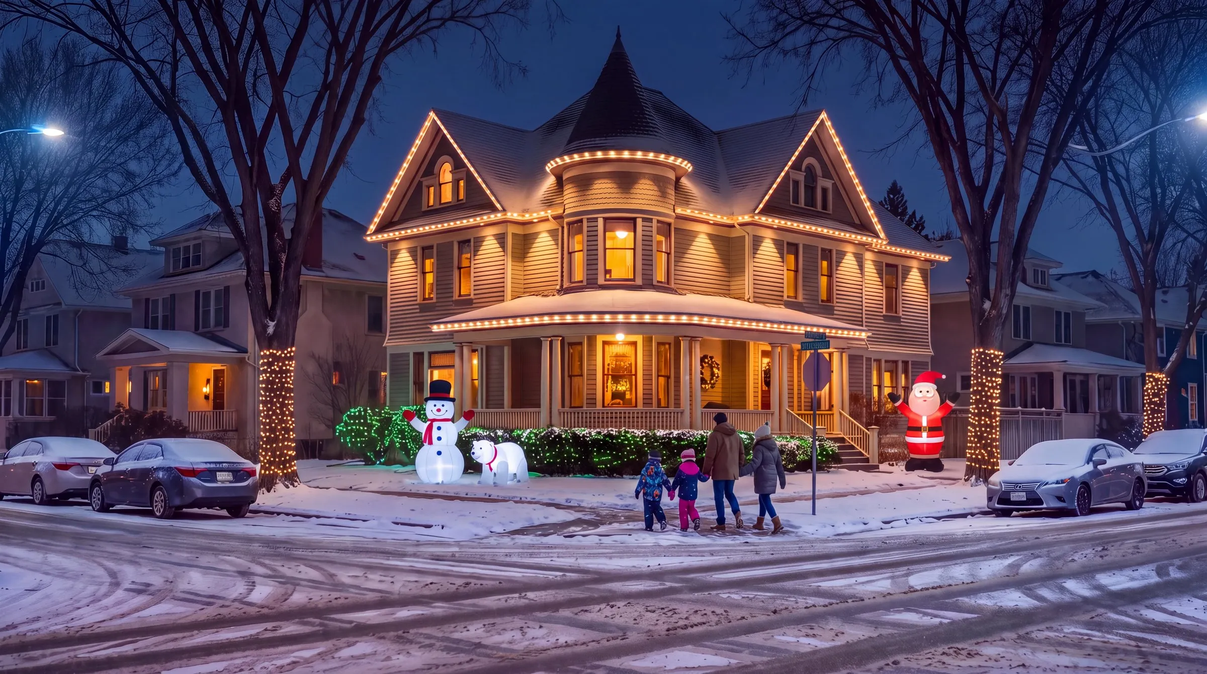 Winnipeg corner character home on a clear winter night, warm white Govee lights on every roofline, lit inflatable snowman, polar bear and Santa on the front lawn, a family of four walking the sidewalk