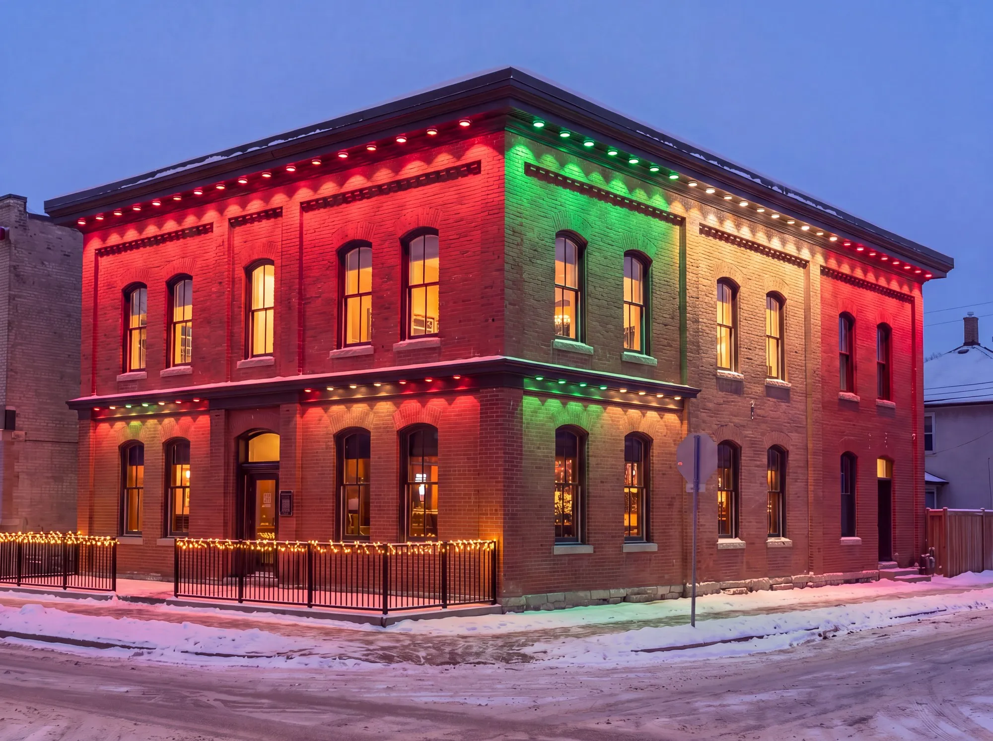 Two-storey brick restaurant on a Winnipeg corner with Govee permanent lights in red, green and warm white blocks on both rooflines and a lit patio railing