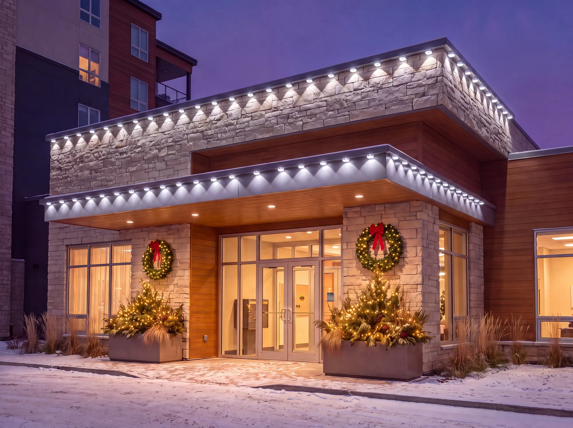 Winnipeg condo entrance at dusk with cool white Govee permanent lights on both roof edges, lit wreaths on the stone piers and lit greenery in the planters