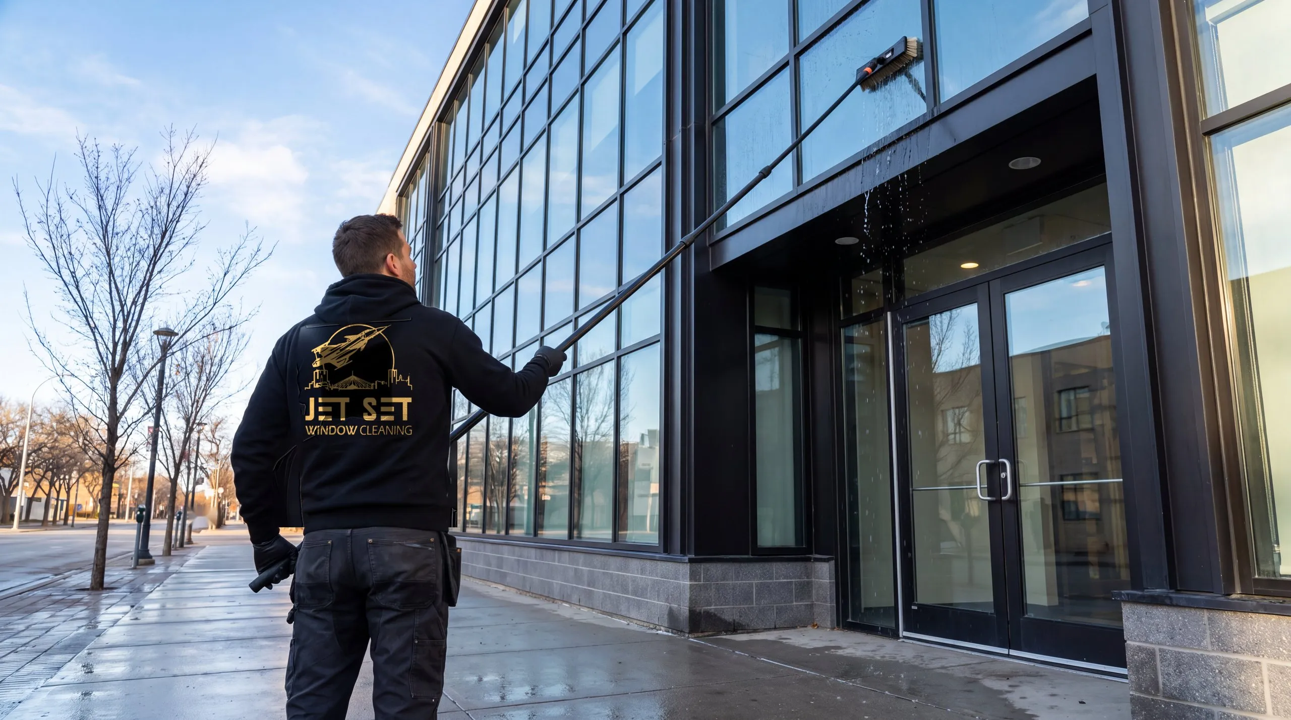 Jet Set technician washing the glass curtain wall of a downtown Winnipeg office building from the sidewalk with a water-fed pole