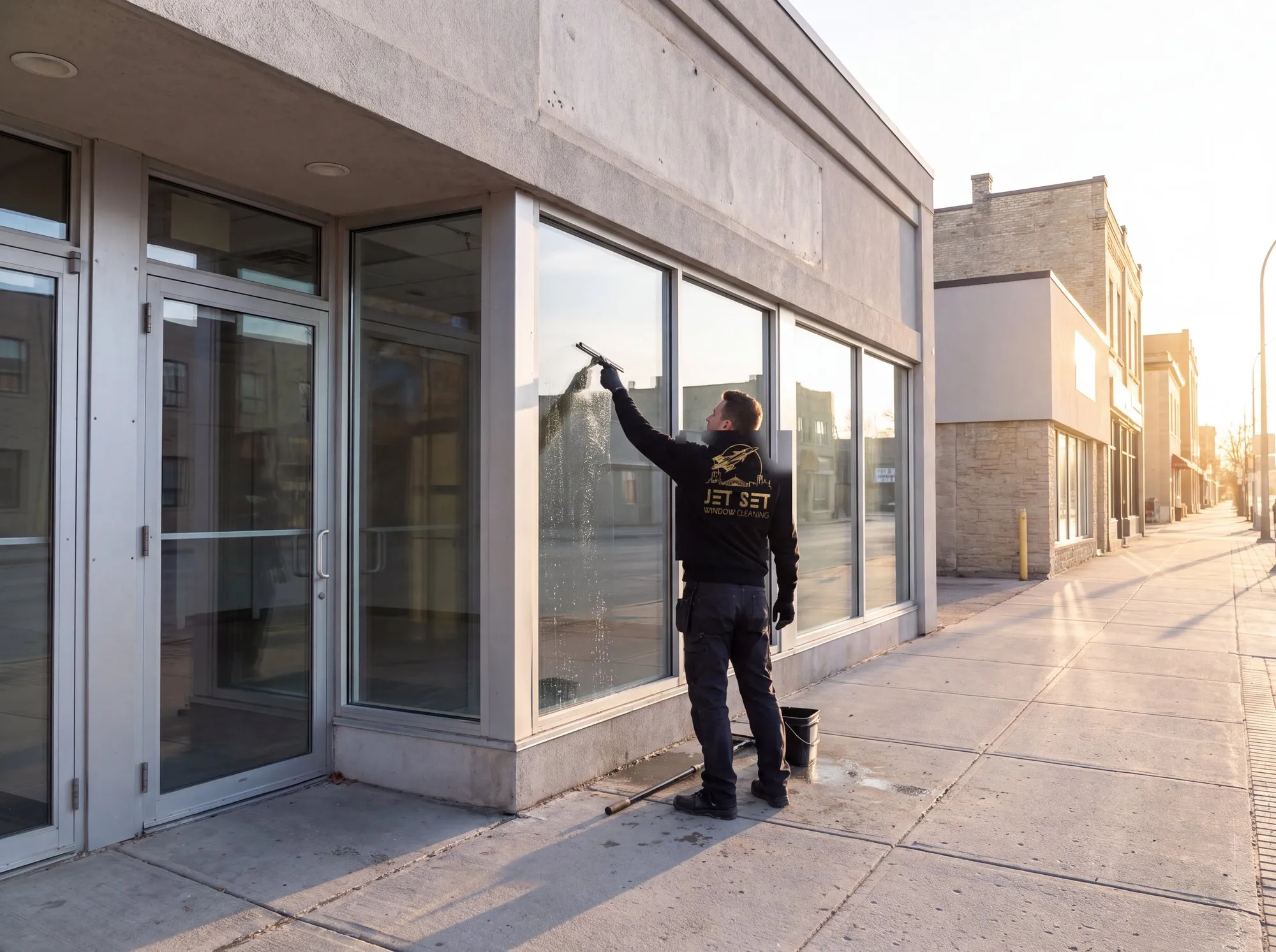 Jet Set technician squeegeeing a storefront window on a quiet Winnipeg street before the shop opens
