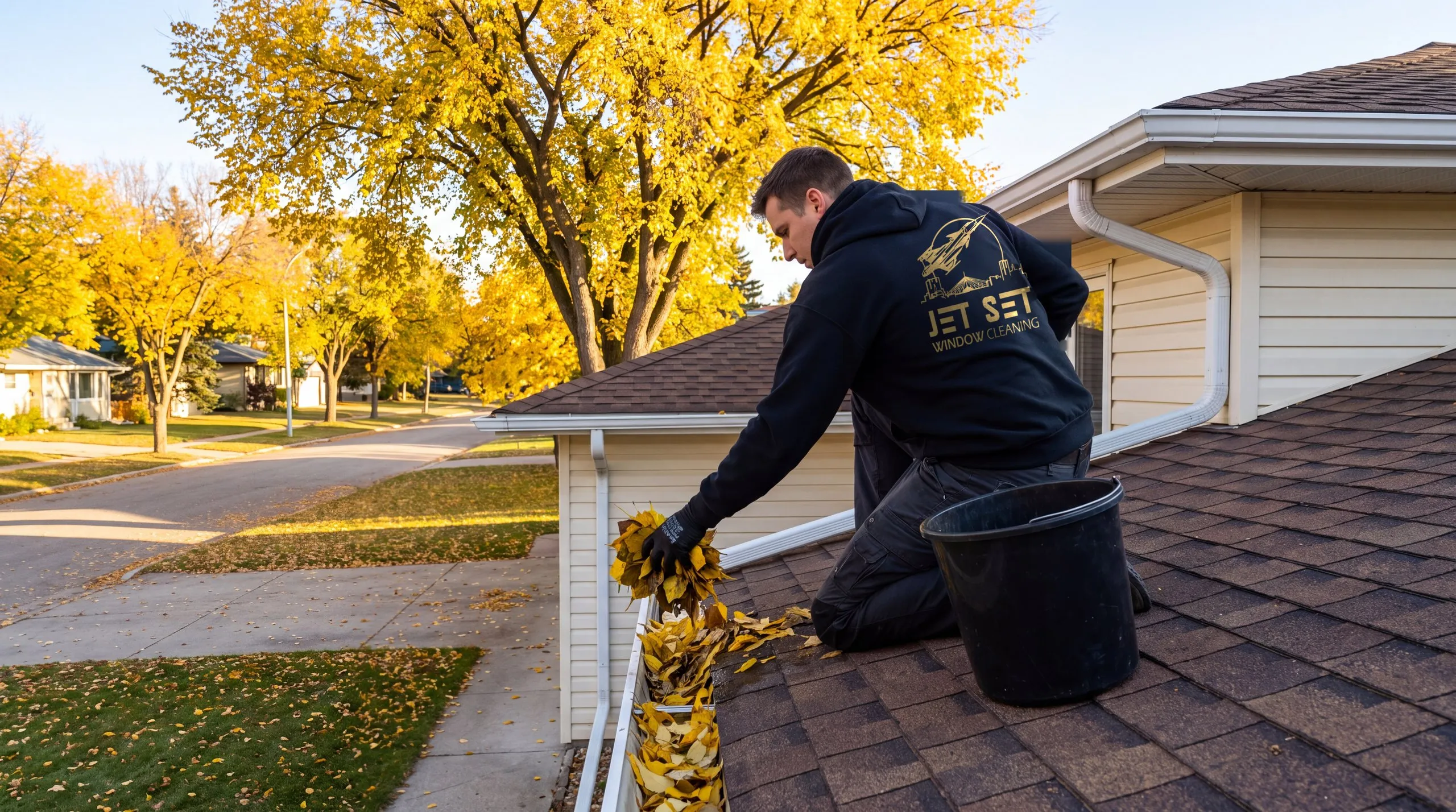 Jet Set technician kneeling at the roof edge of a Winnipeg bungalow, lifting wet elm leaves out of the eavestrough into a bucket under yellow autumn trees