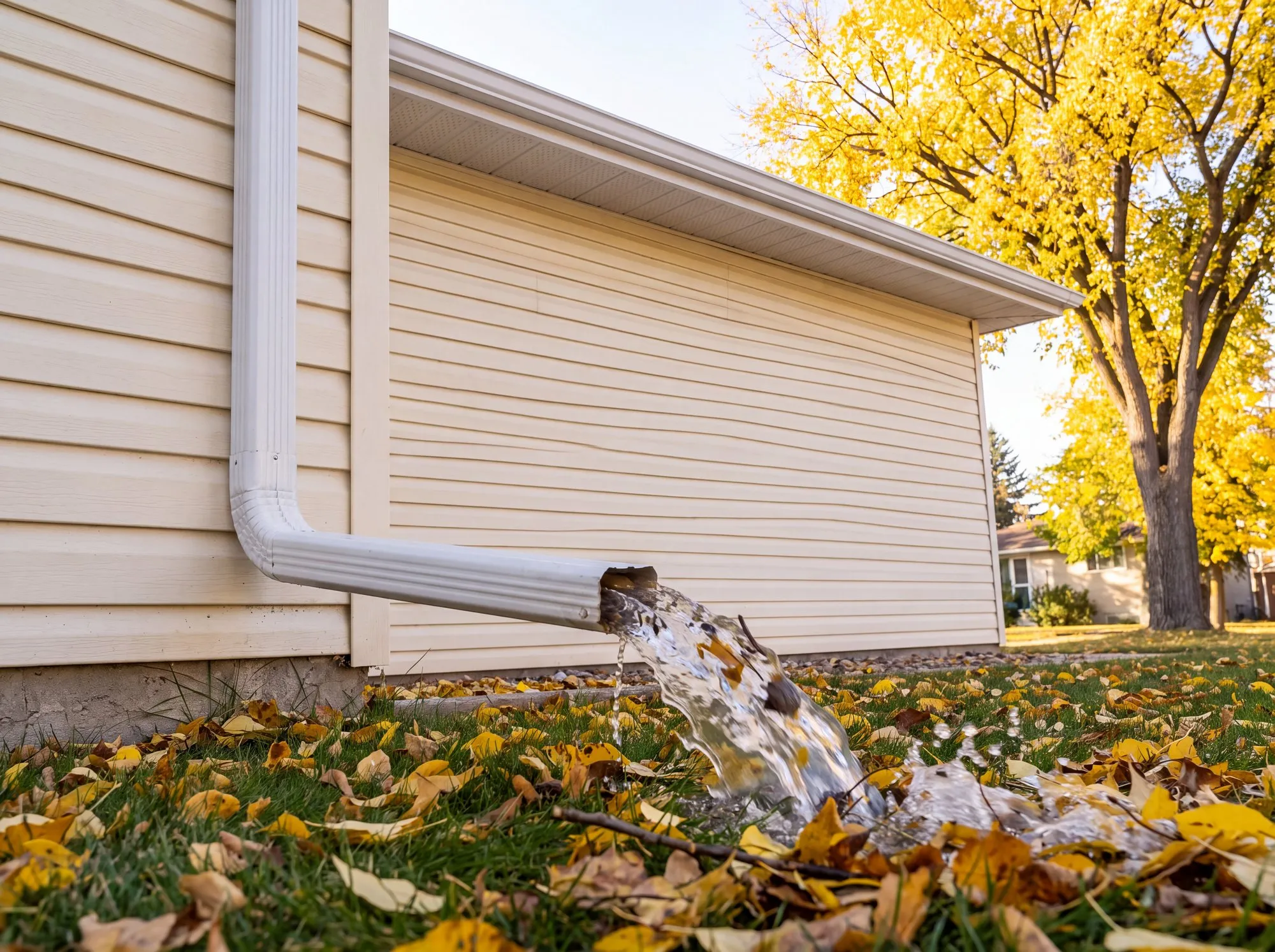 Clear water pouring out of a downspout extension onto the lawn of a Winnipeg bungalow while the eavestrough is flushed from above