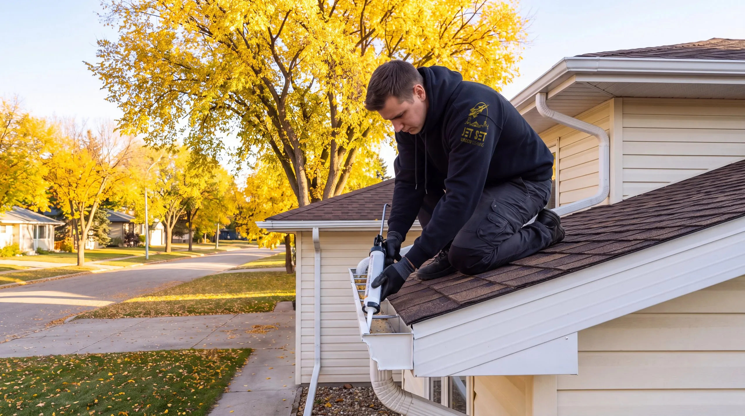 Jet Set technician kneeling at the roof edge of a Winnipeg bungalow resealing the corner seam of the eavestrough with a caulking gun under yellow elms