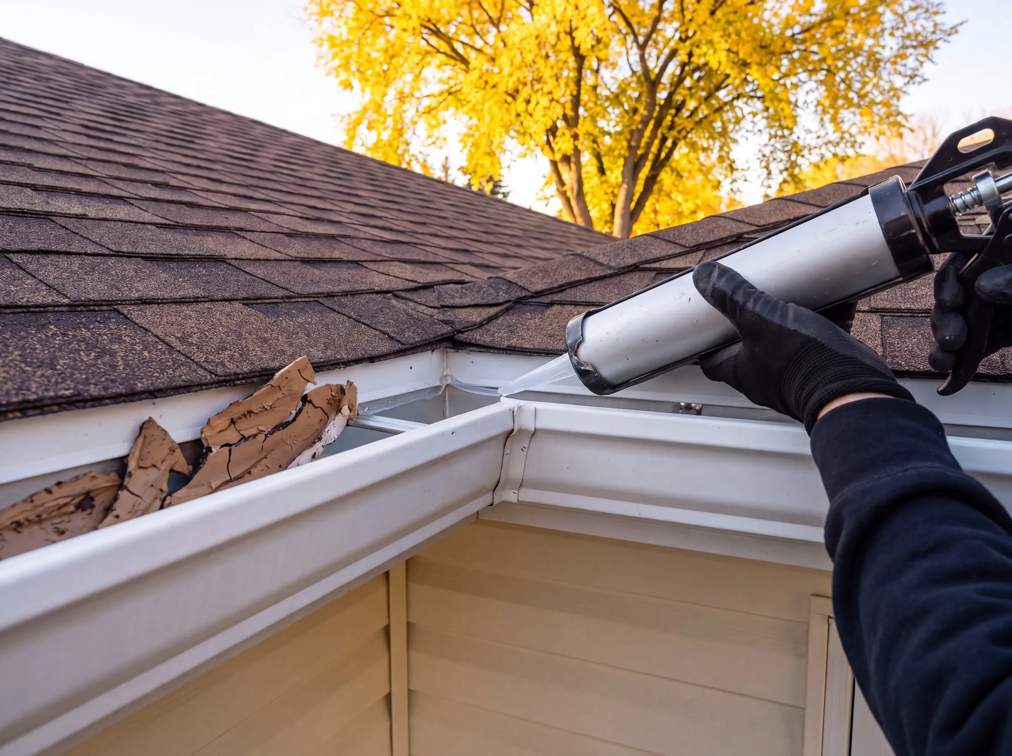 Gloved hand resealing the corner seam of a clean white eavestrough with a caulking gun at a Winnipeg roof edge