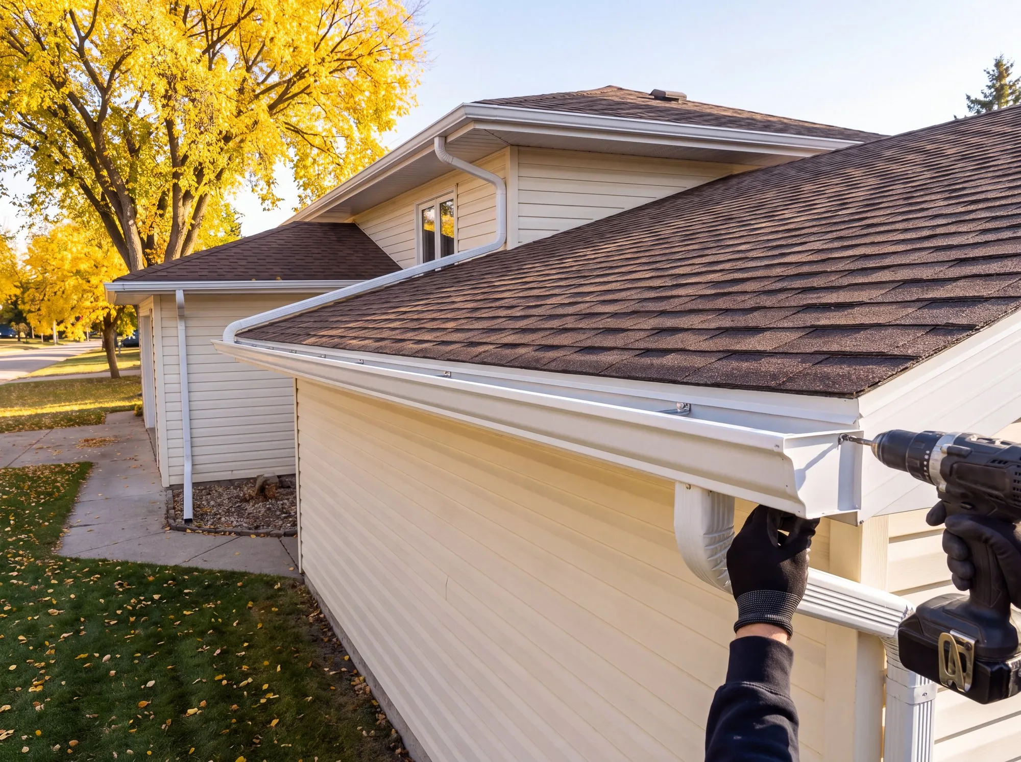 Straight run of white eavestrough refastened with new hangers along a Winnipeg bungalow roof edge, drill at the end cap