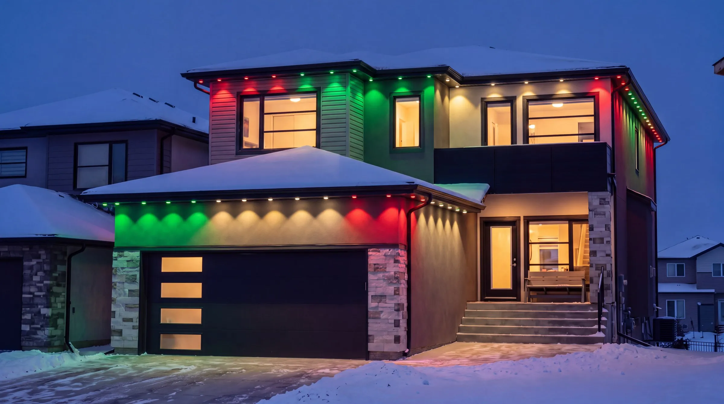Modern Winnipeg two-storey with Govee permanent lights in red, green and warm white blocks for Christmas