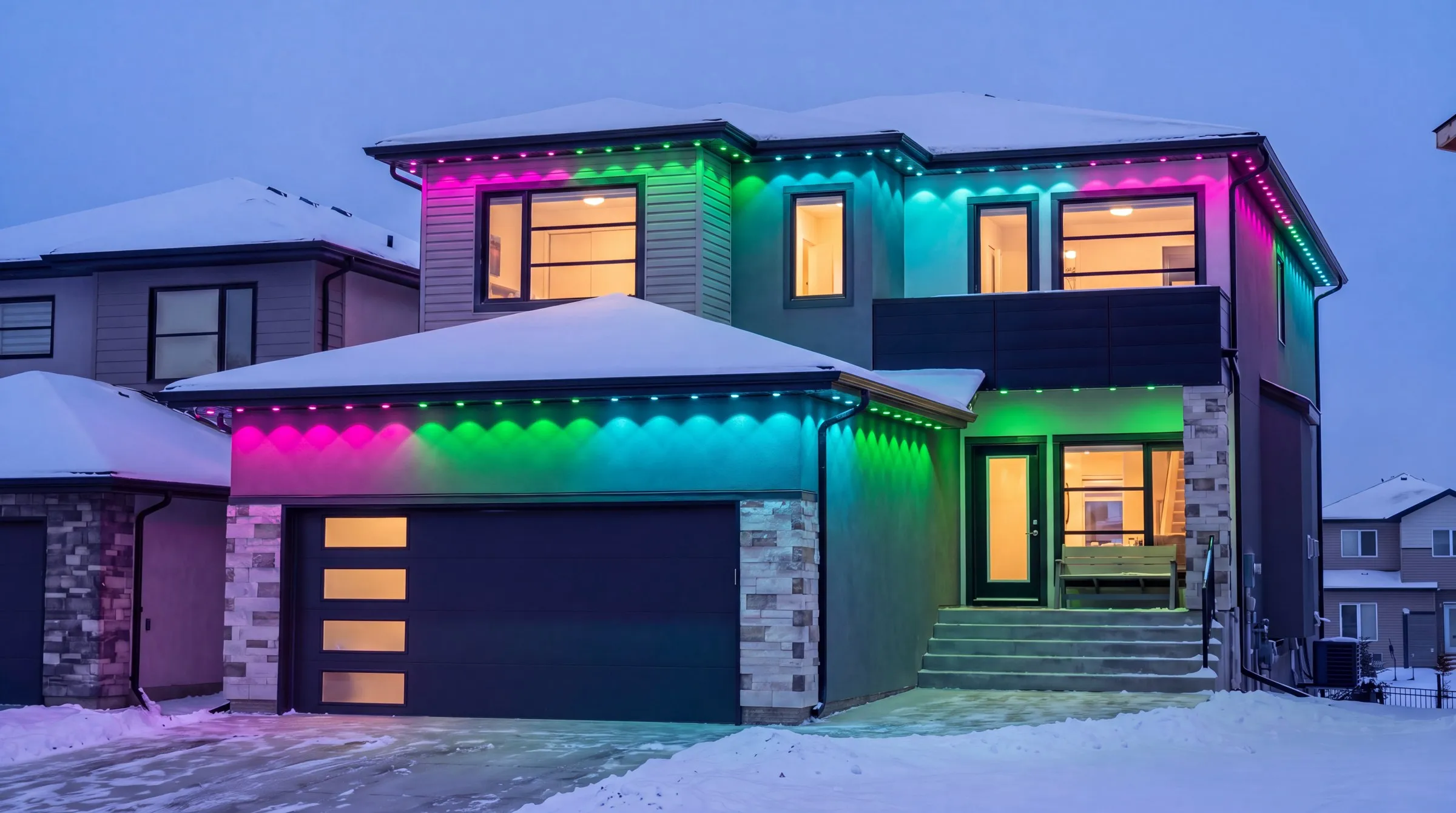 Modern two-storey Winnipeg home at dusk with Govee permanent lights in magenta, green and cyan blocks, one scallop of light under every puck