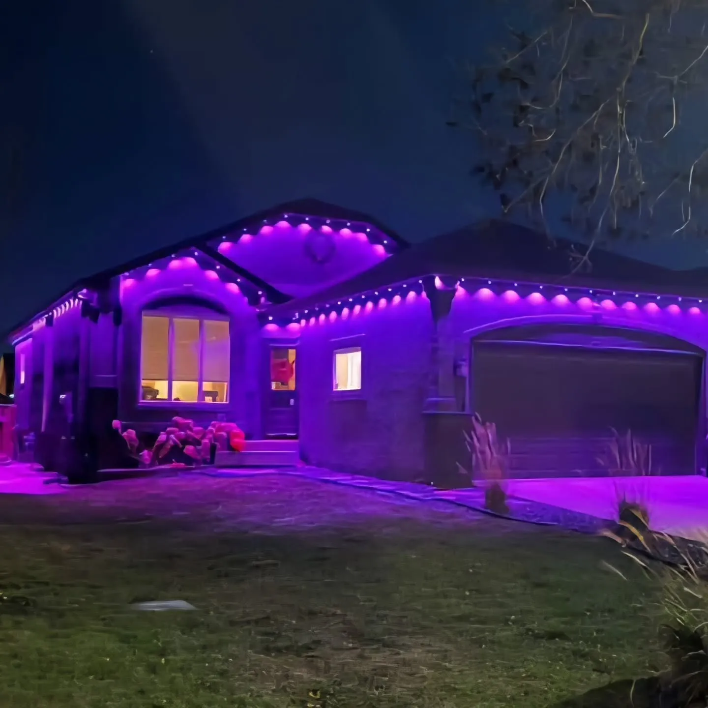 Winnipeg bungalow washed in purple from Govee permanent lights along the eaves and garage