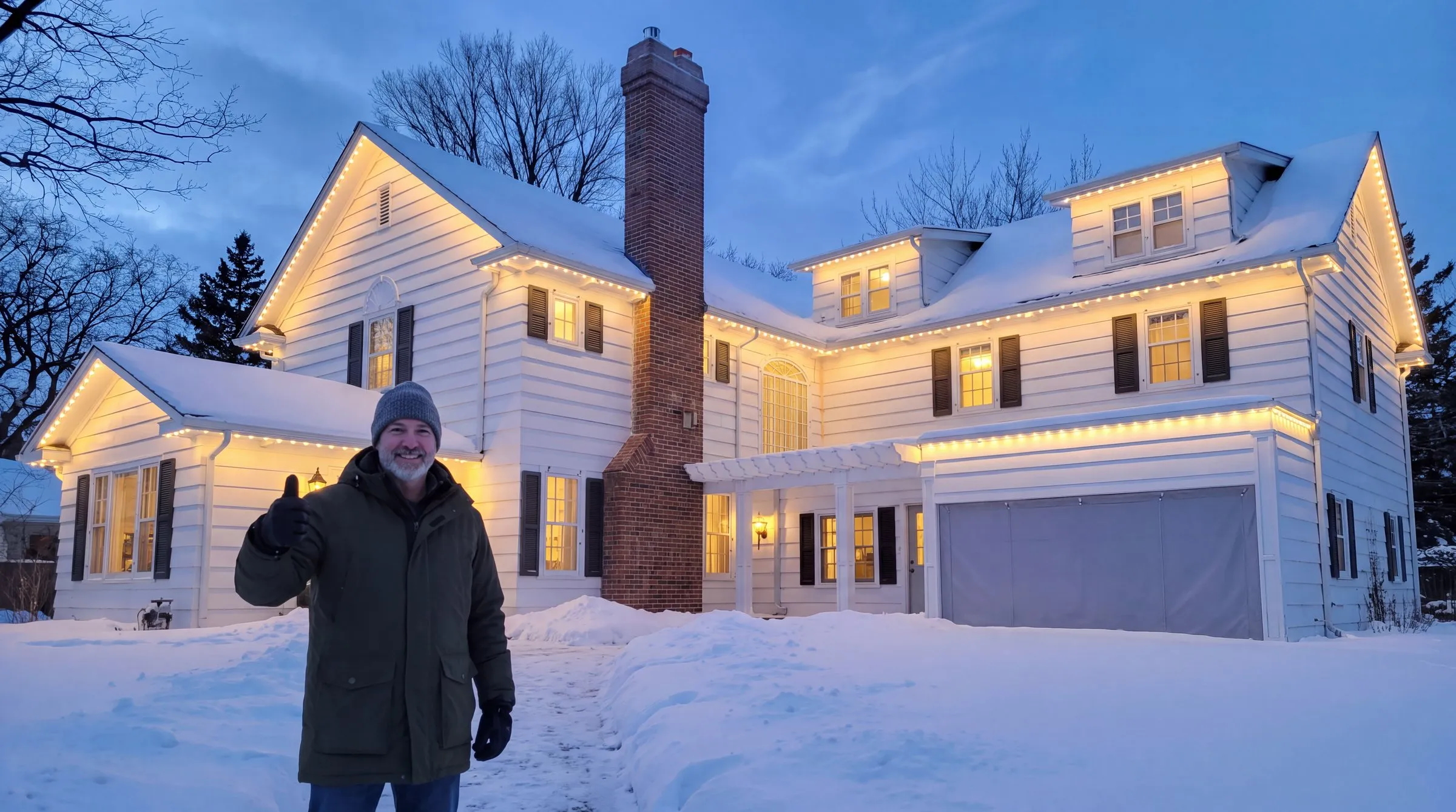 White two-storey Winnipeg home at dusk with Govee permanent lights in warm white under every eave, a man in a parka giving a thumbs up on the snowy front walk