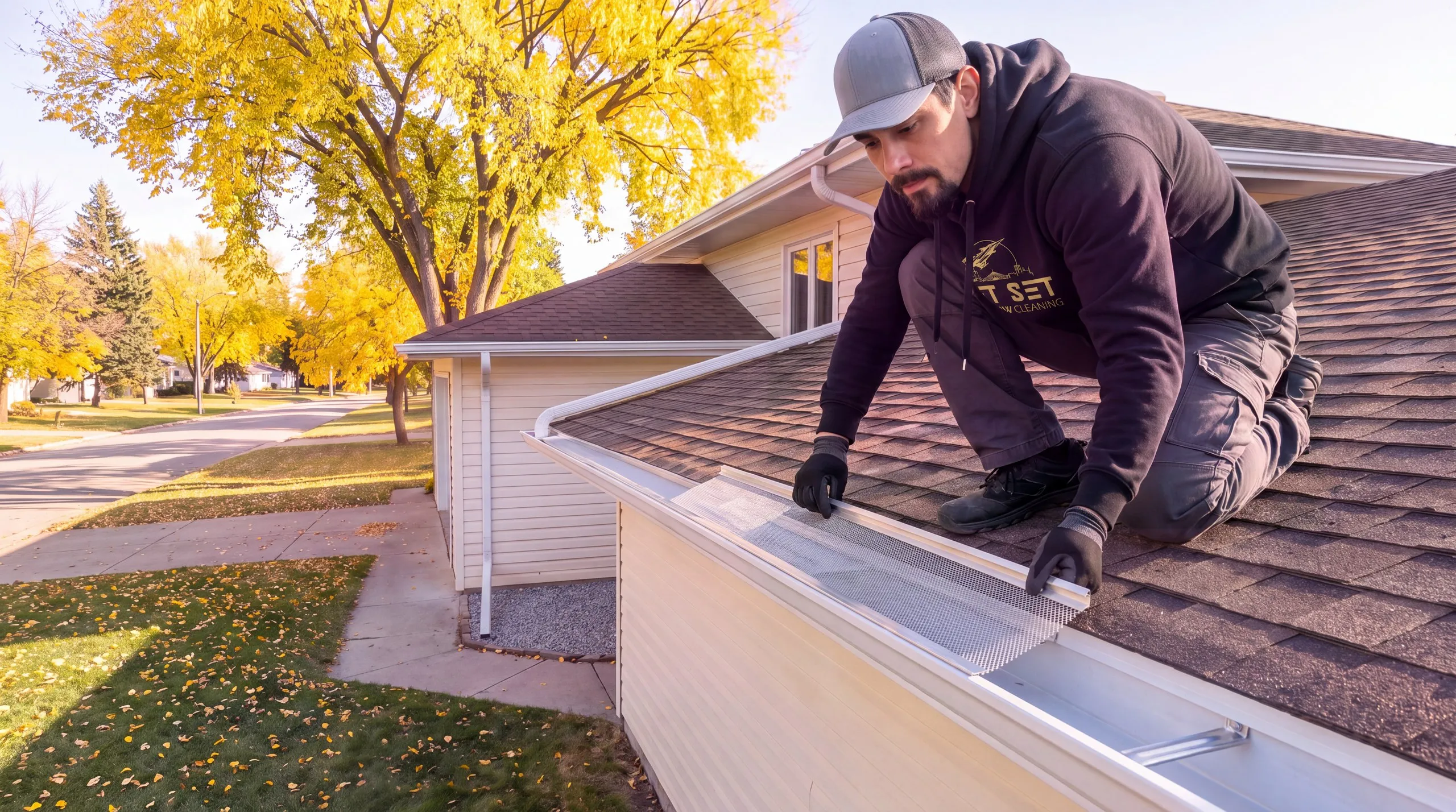 Jet Set owner Jordan kneeling at the roof edge of a Winnipeg bungalow laying a mesh gutter guard panel onto a clean eavestrough by hand
