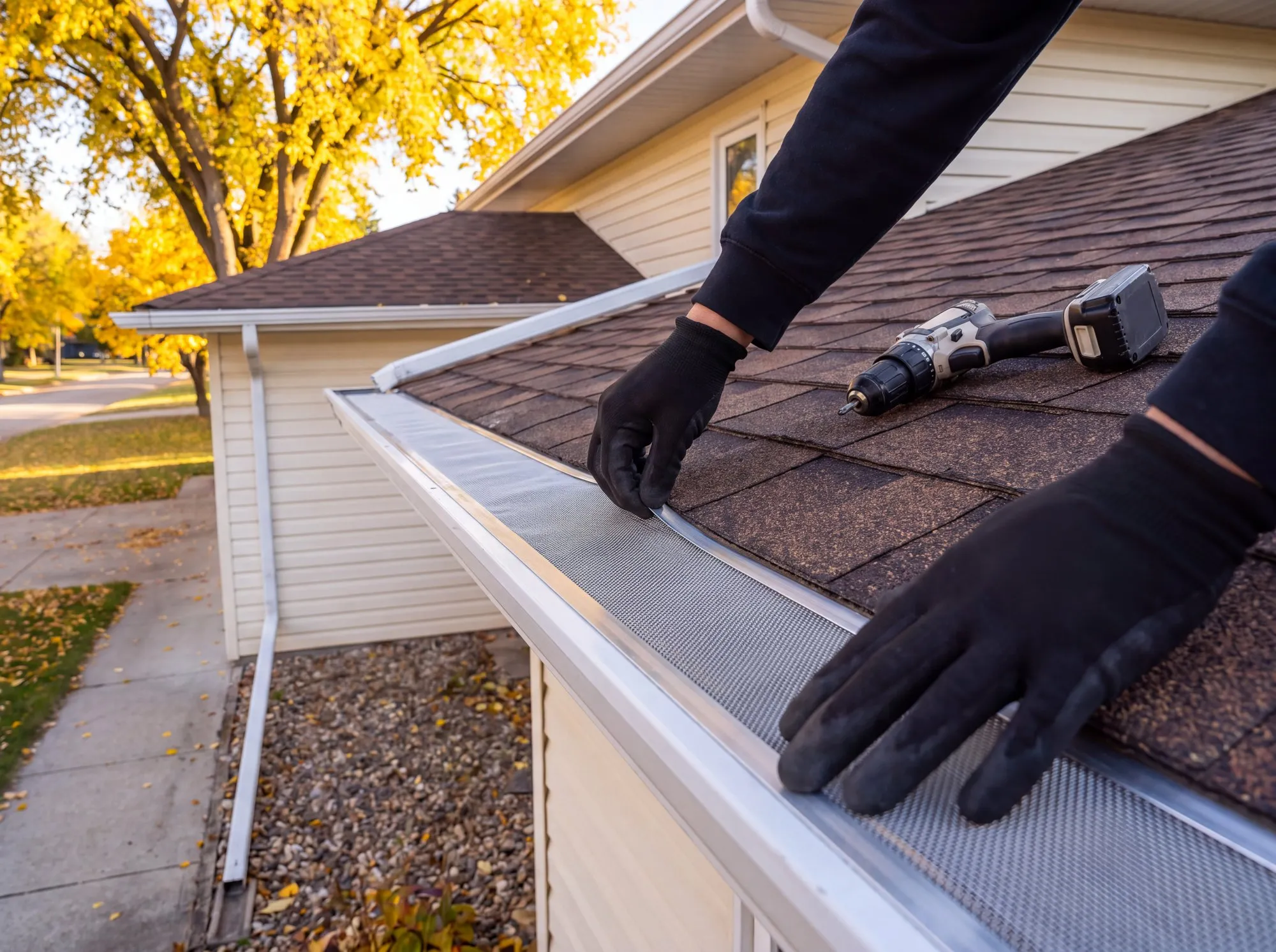 Gloved hands fitting a panel of aluminum mesh gutter guard onto a clean eavestrough under the shingle edge of a Winnipeg home