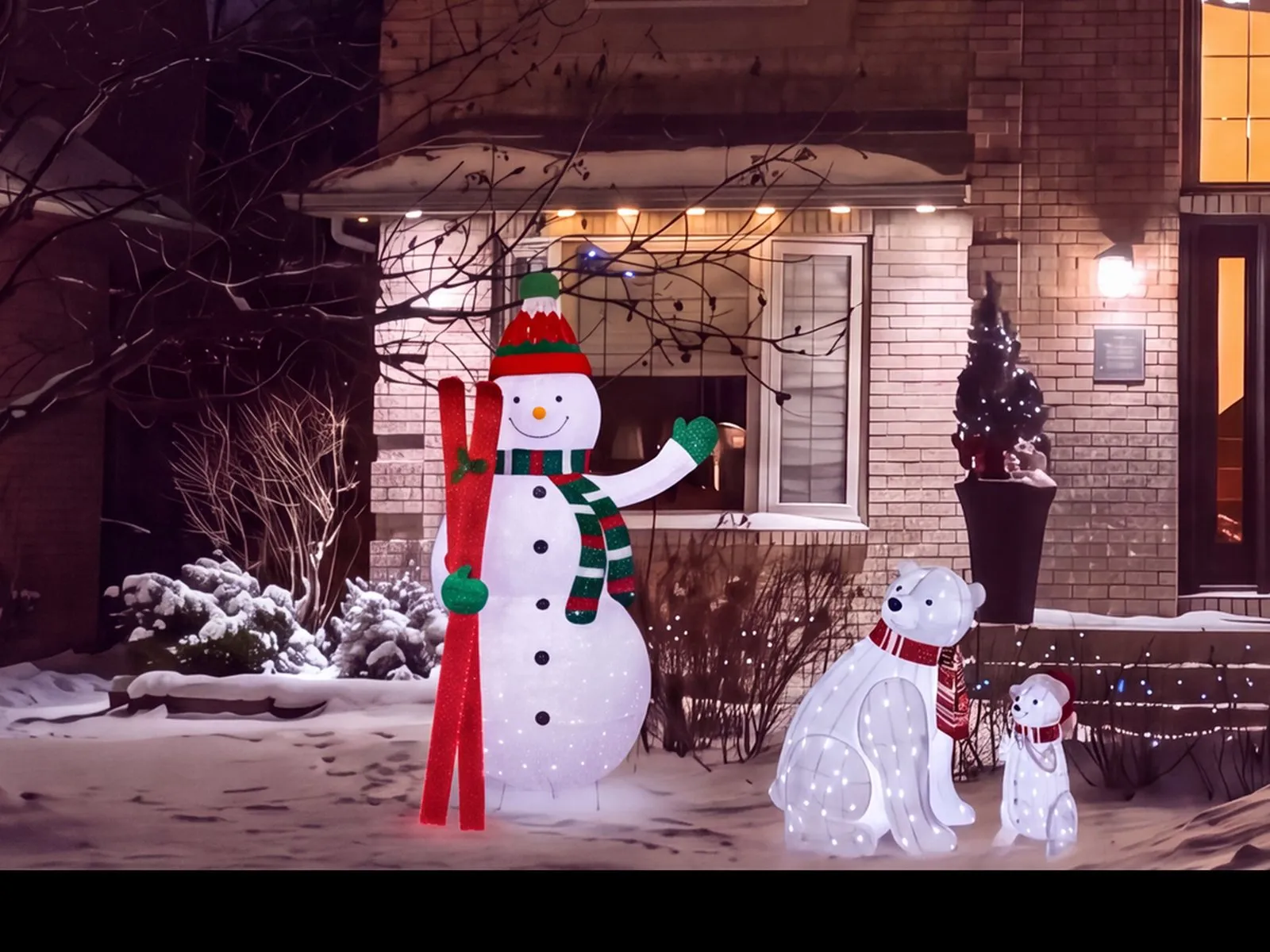 Lit snowman and two lit polar bears set up on the snow in front of a Winnipeg home