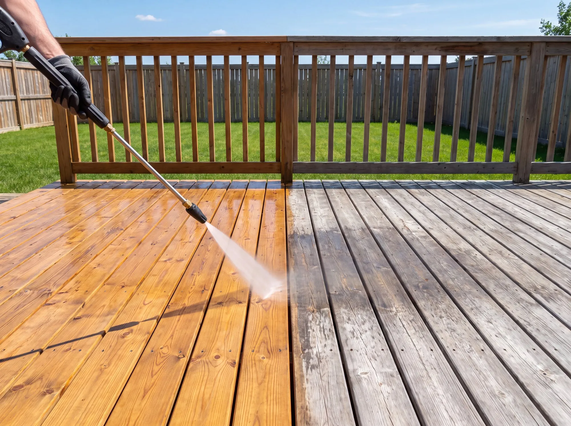 Weathered grey deck boards in a Winnipeg backyard being washed back to clean wood, the washed half beside the grey half
