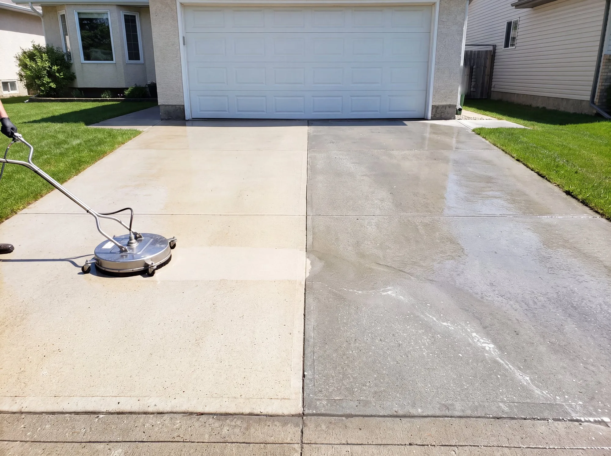 Concrete driveway in Winnipeg being cleaned with a surface cleaner, a crisp line between clean and grey