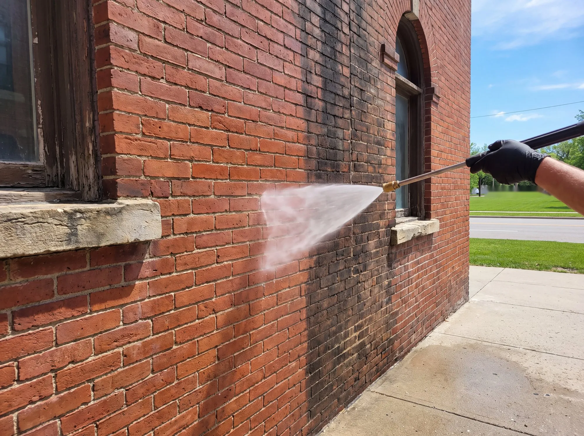 Heritage red brick wall in Winnipeg being soft washed, clean warm brick beside sooted brick