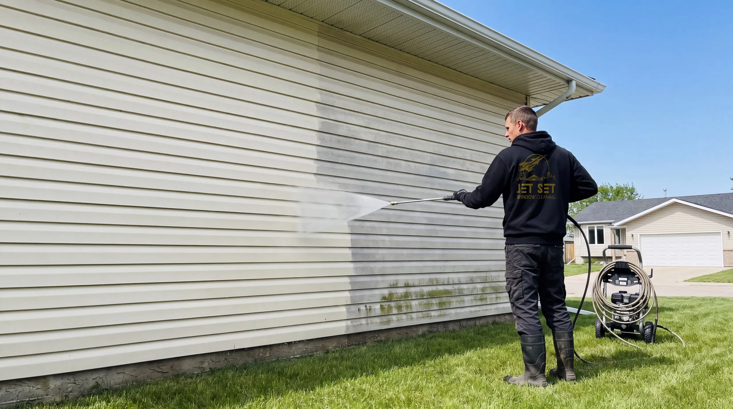 Jet Set technician soft washing the cream siding of a Winnipeg bungalow, the washed half bright beside the grey half