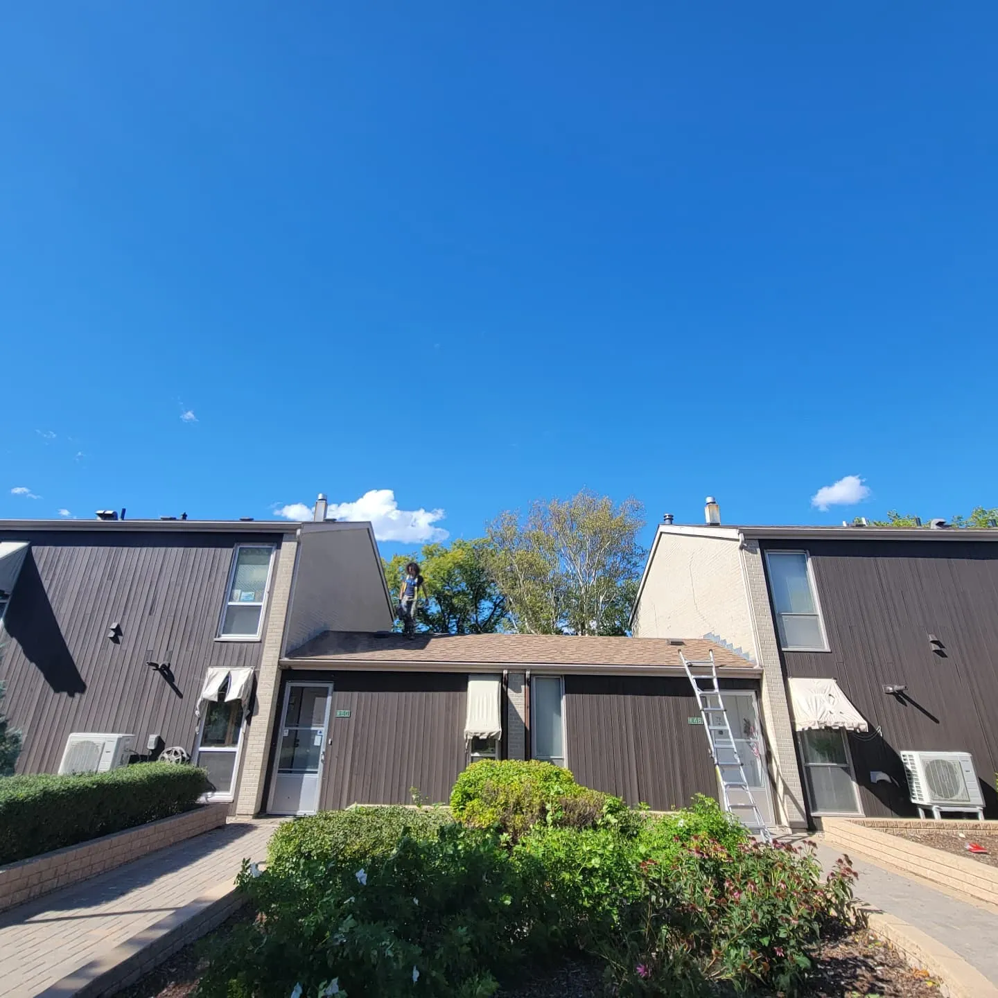 Winnipeg townhouse complex with a ladder set for exterior cleaning